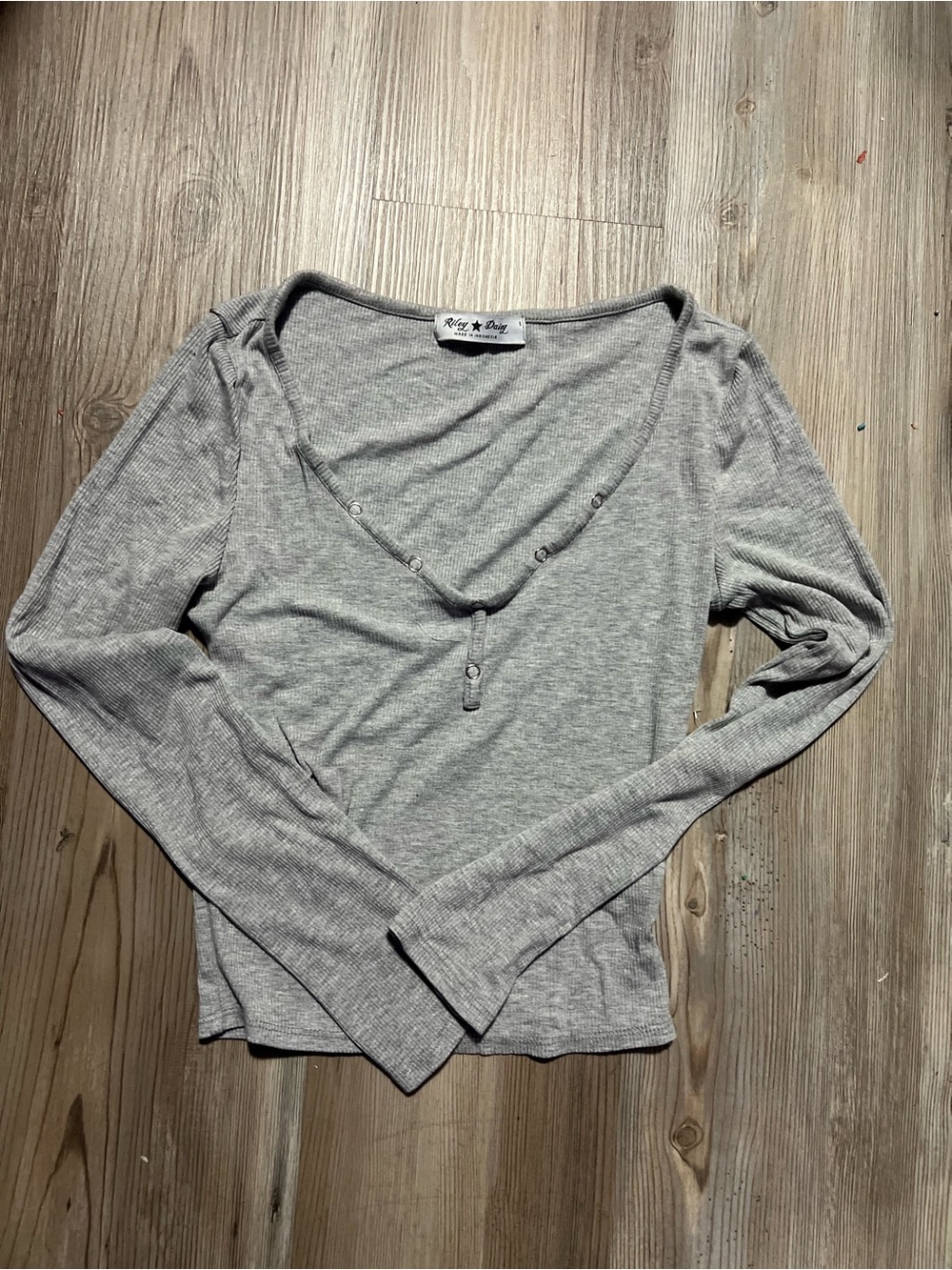 Roxy Light Gray Ribbed Long Sleeve Henley Top